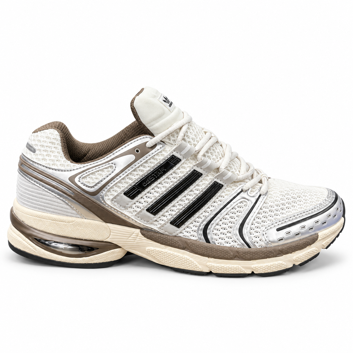 Adidas Adistar Control 5 sneaker in a white, black, and metallic grey/beige