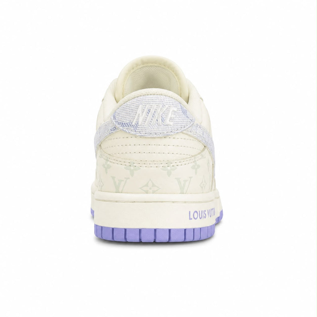Nike SB Dunk Low x Louis Vuitton custom, featuring a beige upper printed with the LV monogram and a purple
