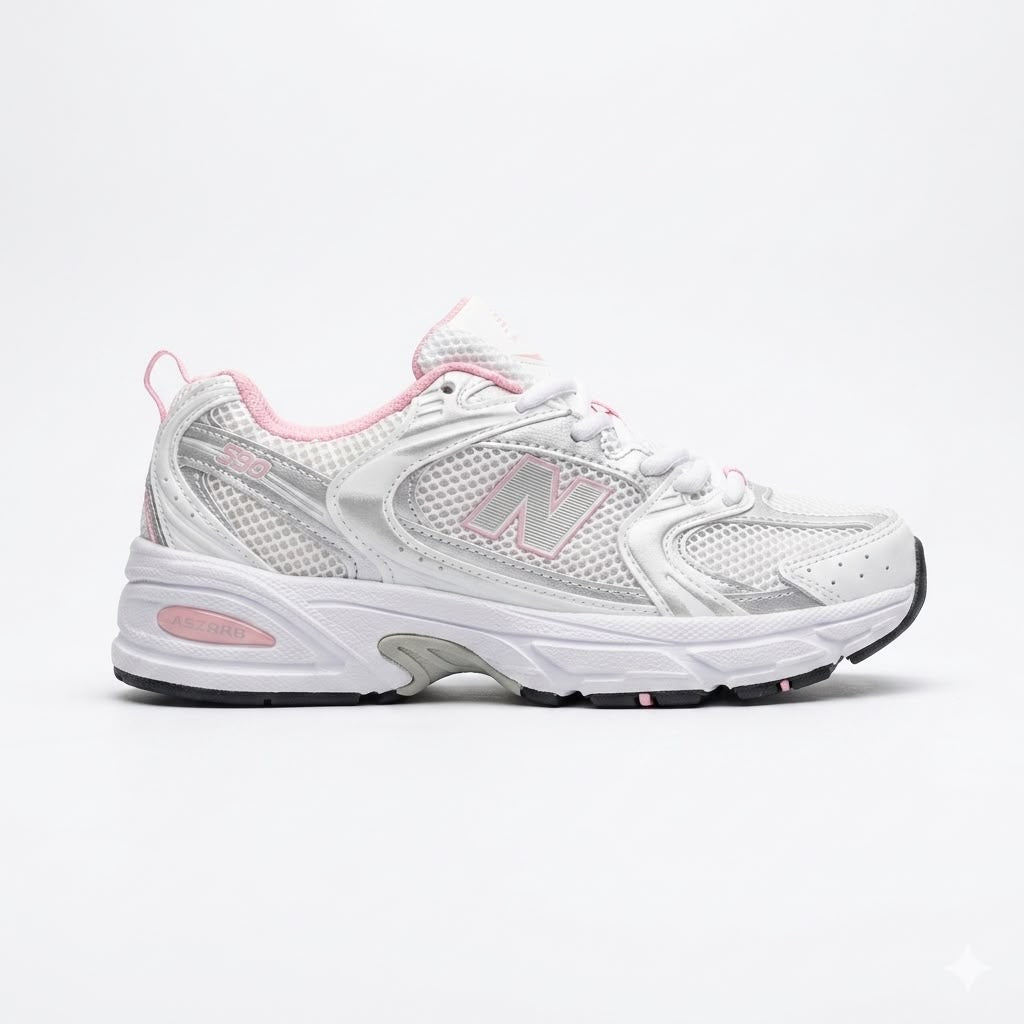 New Balance 530 sneakers in a white colorway with pink accents and silver metallic details