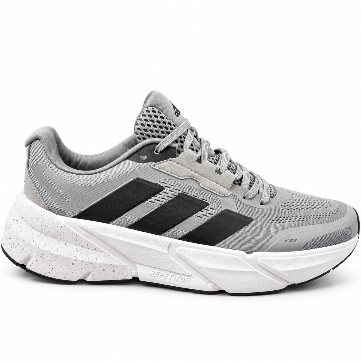 Adidas Adistar 2.0 running sneaker in grey, featuring a cushioned REPETITOR midsole and black 3-stripe branding.