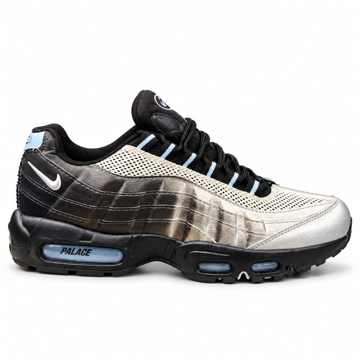 Palace x Nike Air Max 95 Big Bubble "Metallic Silver" featuring a hand-sprayed black gradient over metallic silver layers and baby blue