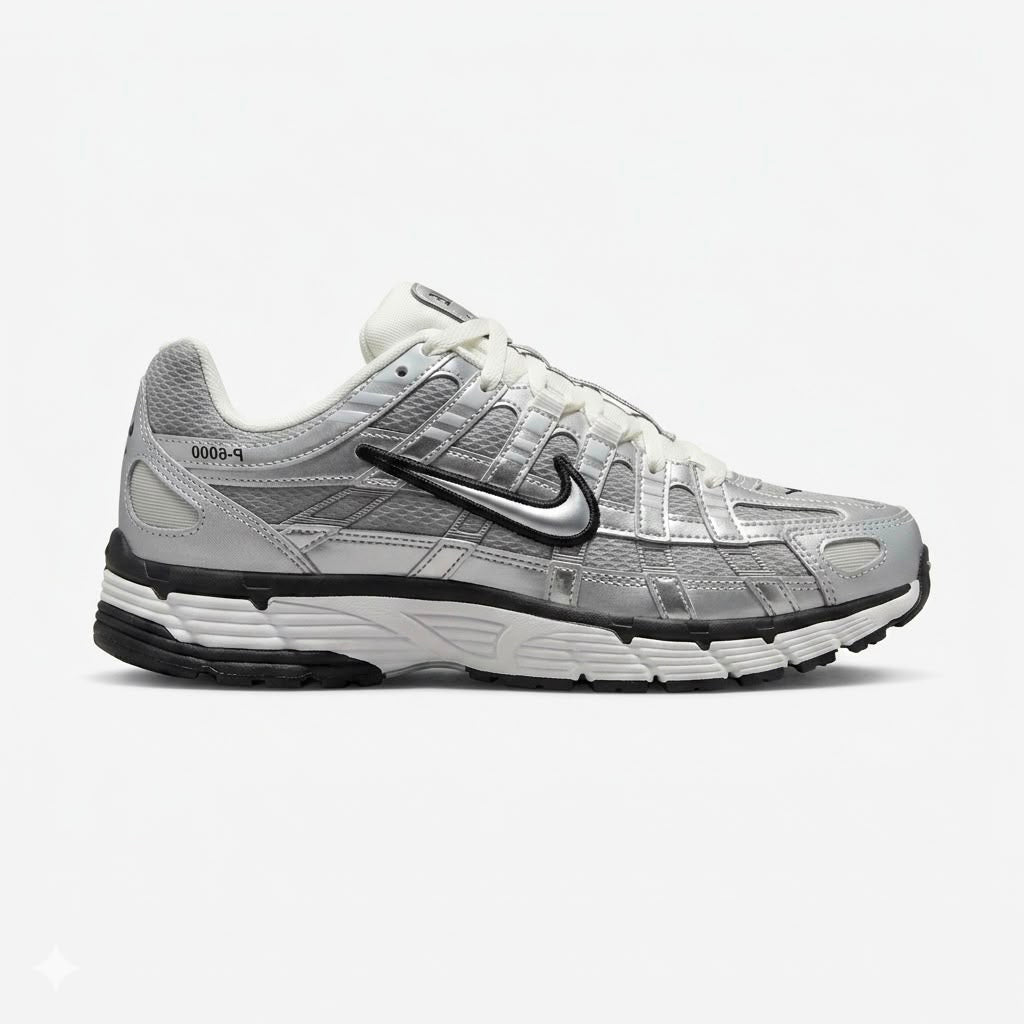 Nike P-6000 sneaker features a striking metallic silver upper with sporty black accents
