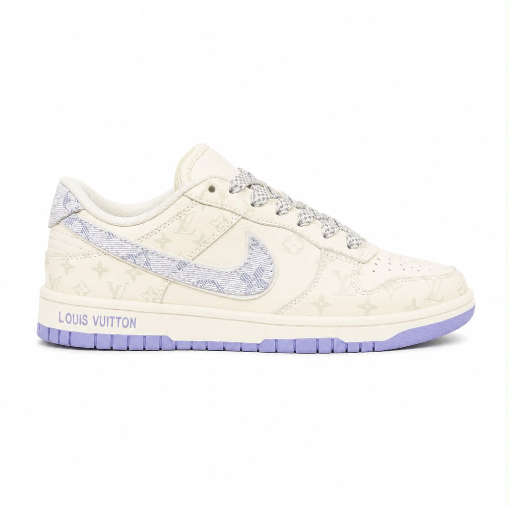 Nike SB Dunk Low x Louis Vuitton custom, featuring a beige upper printed with the LV monogram and a purple