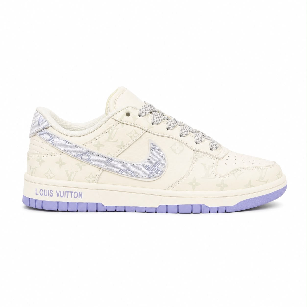 Nike SB Dunk Low x Louis Vuitton custom, featuring a beige upper printed with the LV monogram and a purple