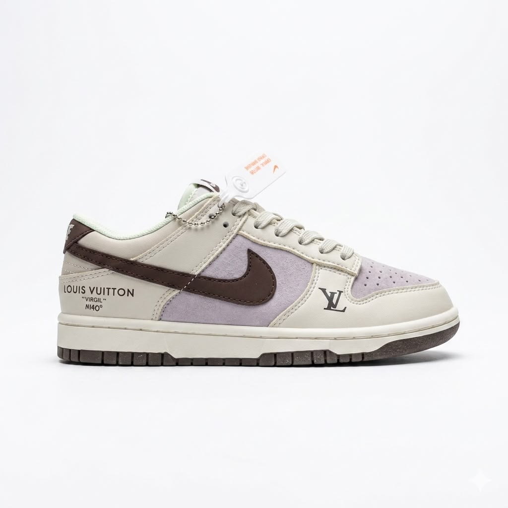 sneakers are custom-made Nike Dunk Lows featuring Louis Vuitton branding and a cream, brown, and lavender colorway