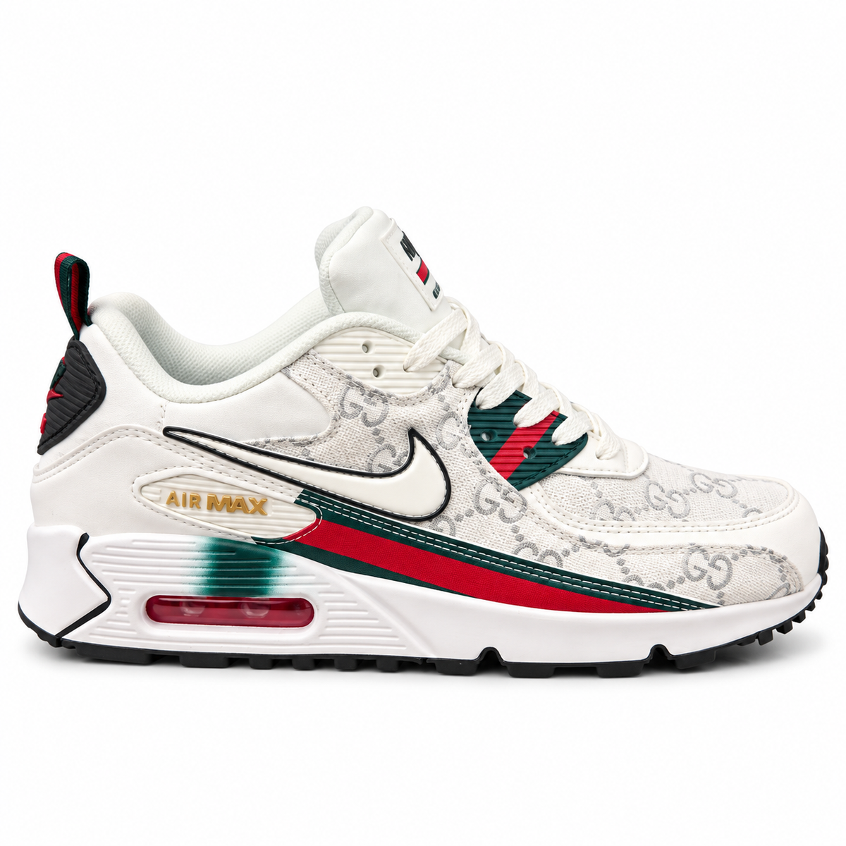 Nike Air Max cushioning and Gucci-inspired monogram patterns with red and green stripes.