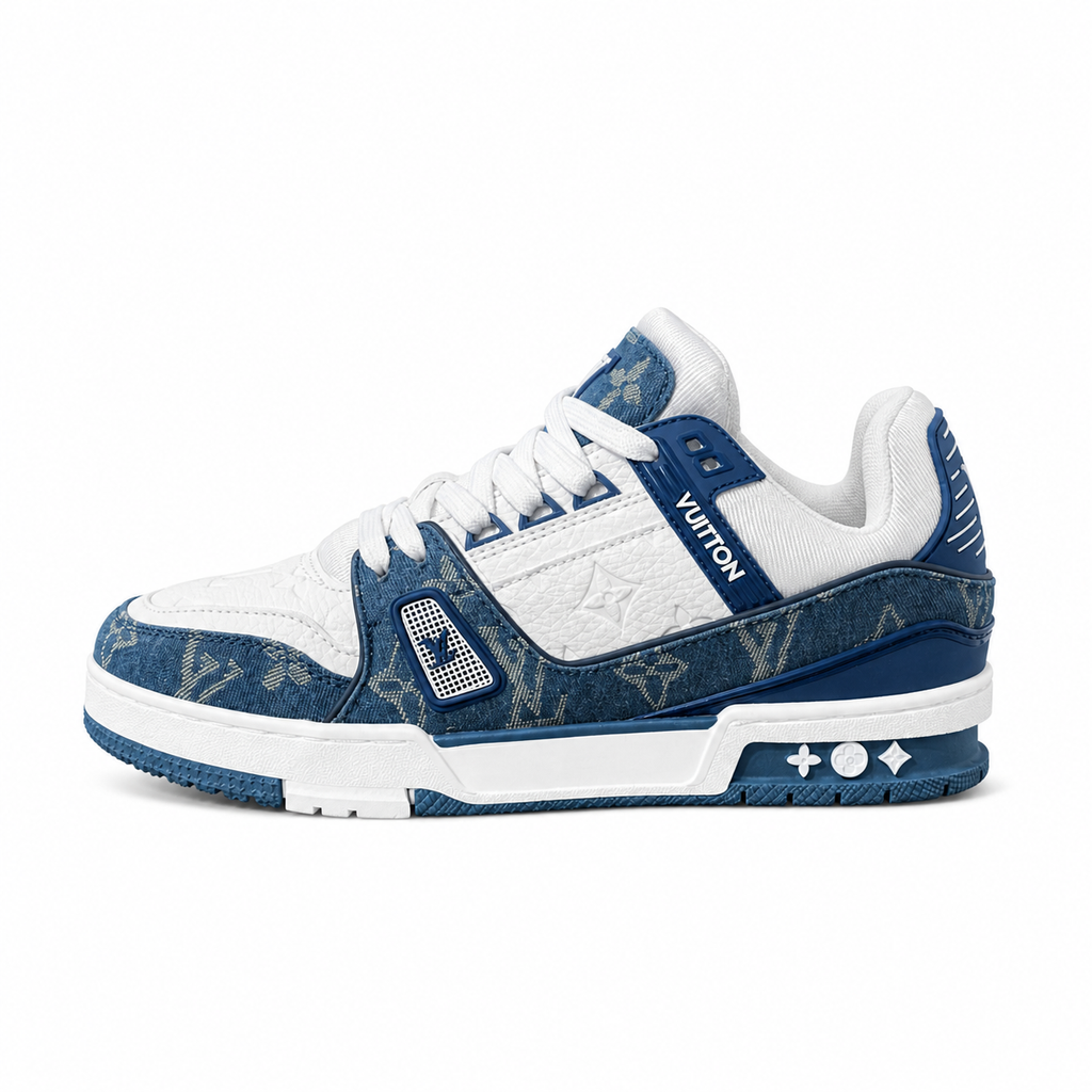 Louis Vuitton LV Trainer sneakers in a White and Blue Monogram Denim colorway.