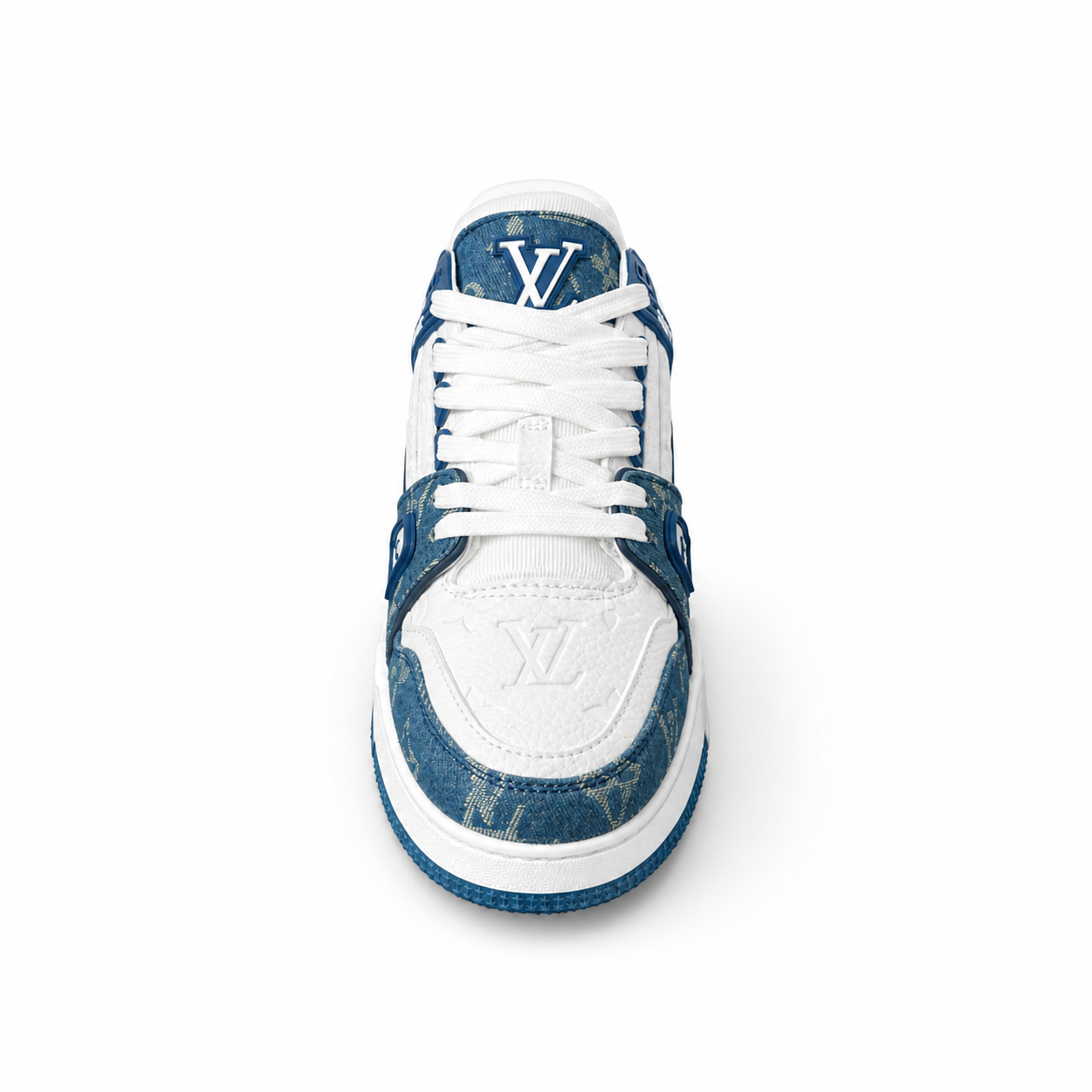 Louis Vuitton LV Trainer sneakers in a White and Blue Monogram Denim colorway.
