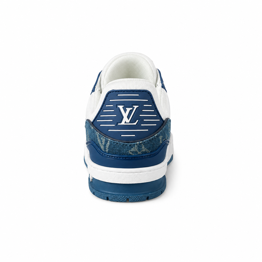 Louis Vuitton LV Trainer sneakers in a White and Blue Monogram Denim colorway.