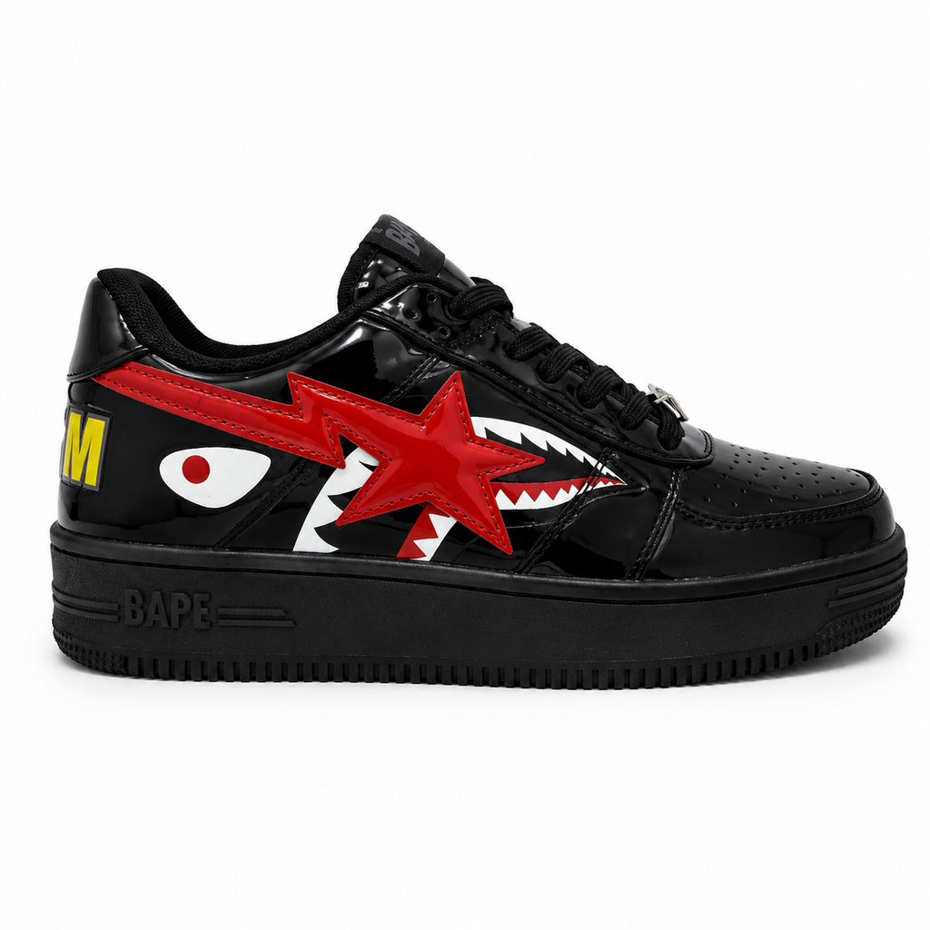 Bathing Ape Bapesta Low sneakers featuring a patent leather shark design in black.