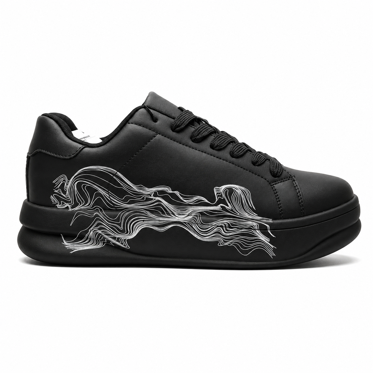 Zara Statement Chunky Trainers, featuring a bold, graphic white line design on the side of a black sneaker.