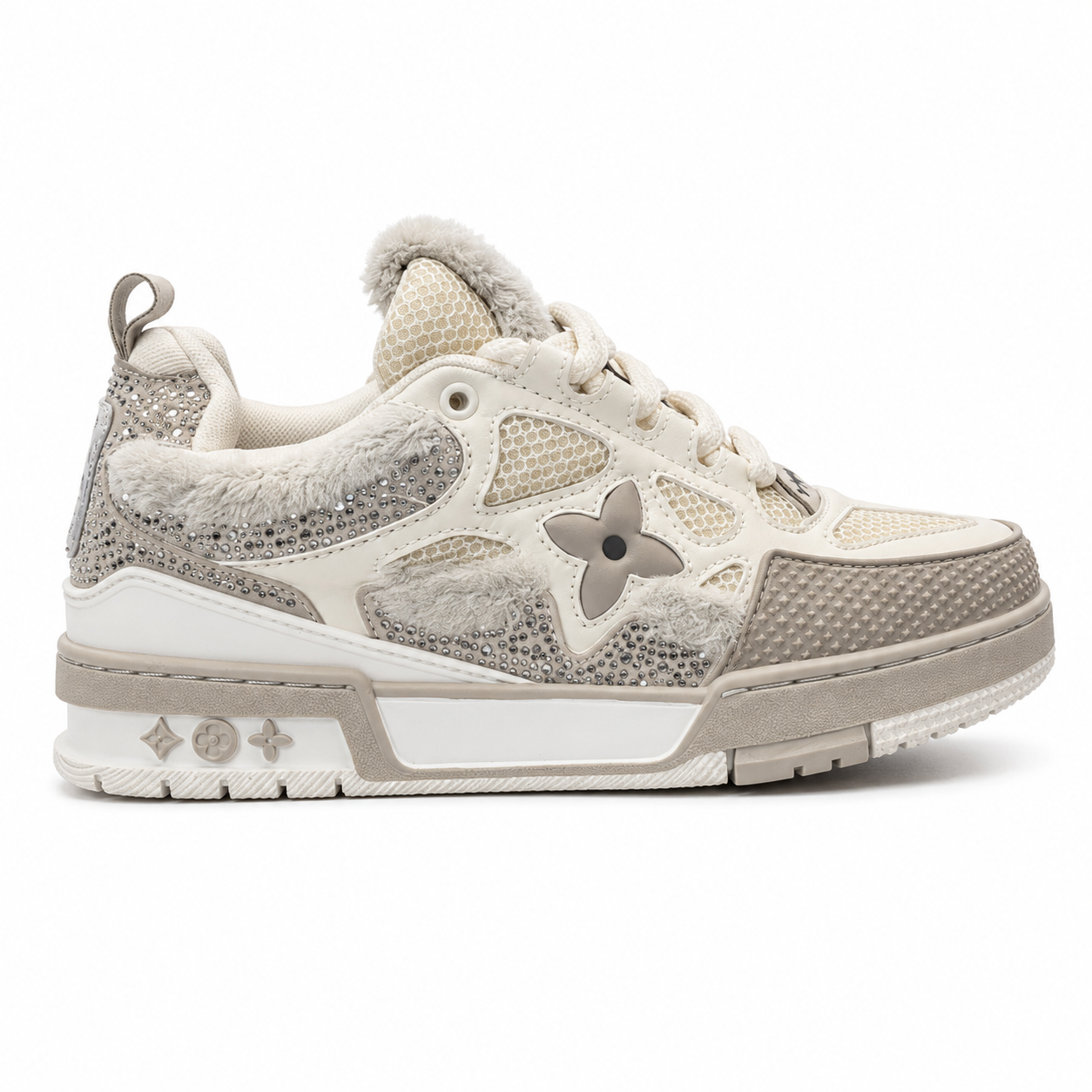 Louis Vuitton LV Skate Sneakers featuring a beige colorway accented with Swarovski crystal details