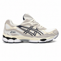 Asics Gel-NYC White Grey Midnight sneakers, featuring a white mesh upper with gray suede overlays and dark