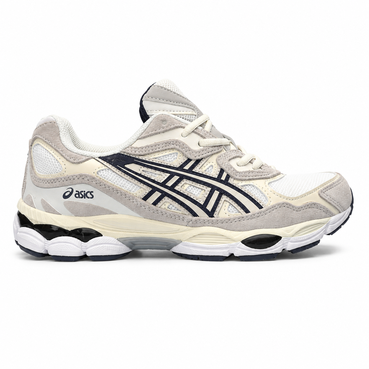 Asics Gel-NYC White Grey Midnight sneakers, featuring a white mesh upper with gray suede overlays and dark