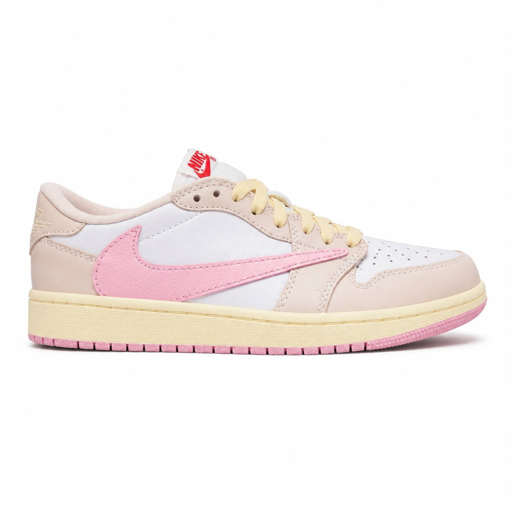 Nike Air Jordan 1 Retro Low OG SP Travis Scott "Shy Pink" sneakers, featuring a distinct reverse pink Swoosh