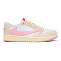 Nike Air Jordan 1 Retro Low OG SP Travis Scott "Shy Pink" sneakers, featuring a distinct reverse pink Swoosh