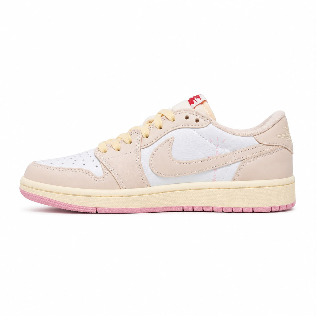 Nike Air Jordan 1 Retro Low OG SP Travis Scott "Shy Pink" sneakers, featuring a distinct reverse pink Swoosh