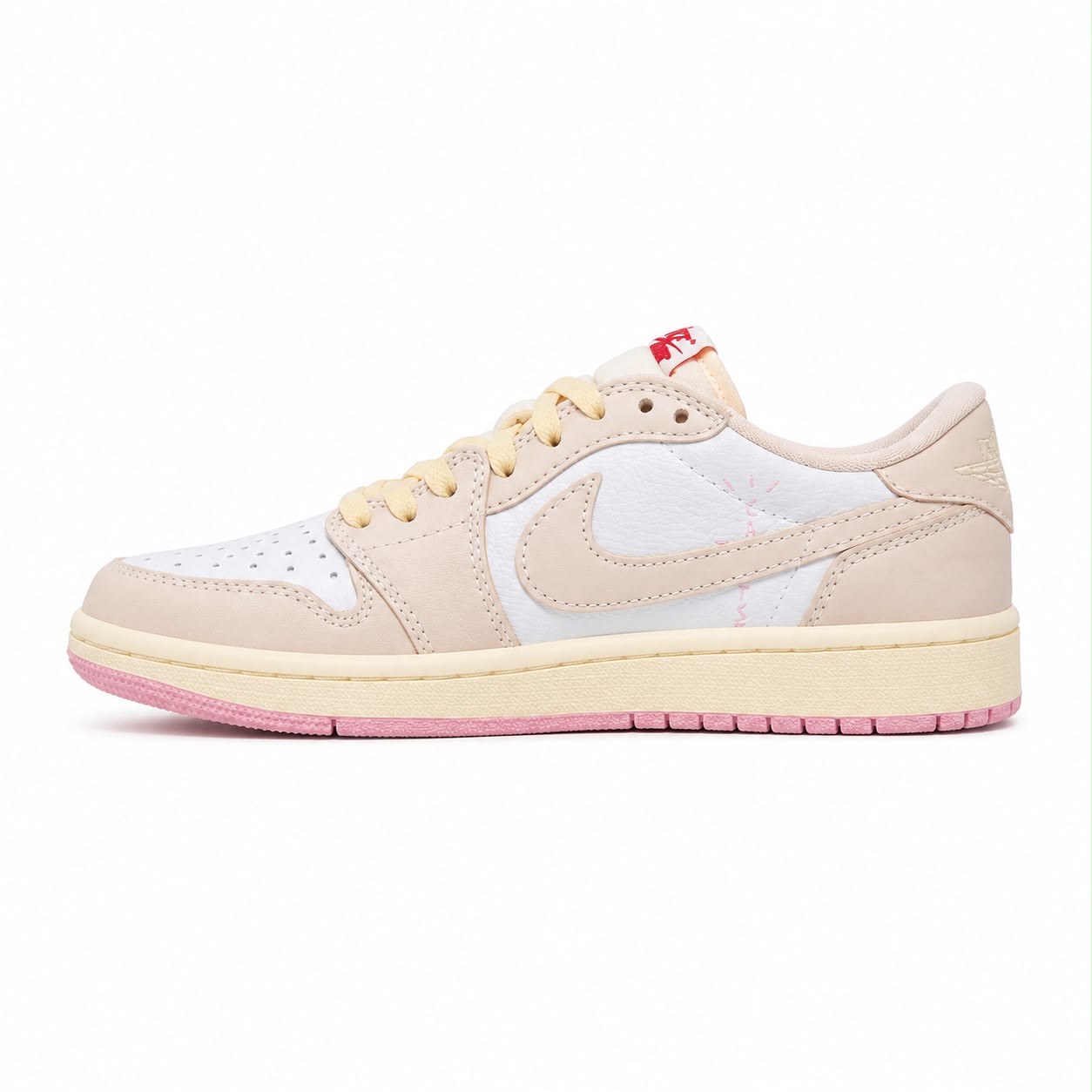 Nike Air Jordan 1 Retro Low OG SP Travis Scott "Shy Pink" sneakers, featuring a distinct reverse pink Swoosh