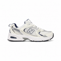 New Balance 530 unisex sneakers feature a white mesh upper with navy and silver accents.