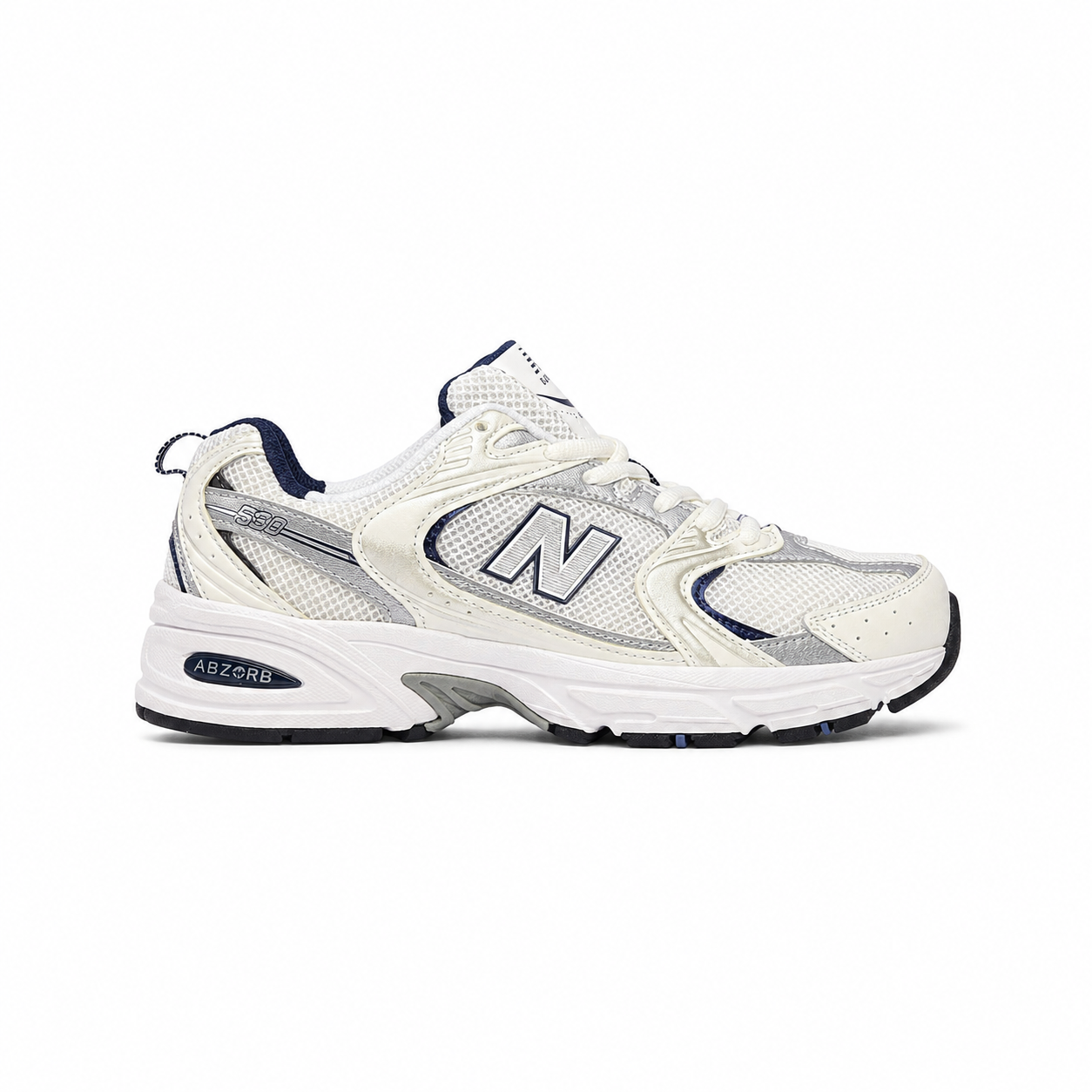 New Balance 530 unisex sneakers feature a white mesh upper with navy and silver accents.