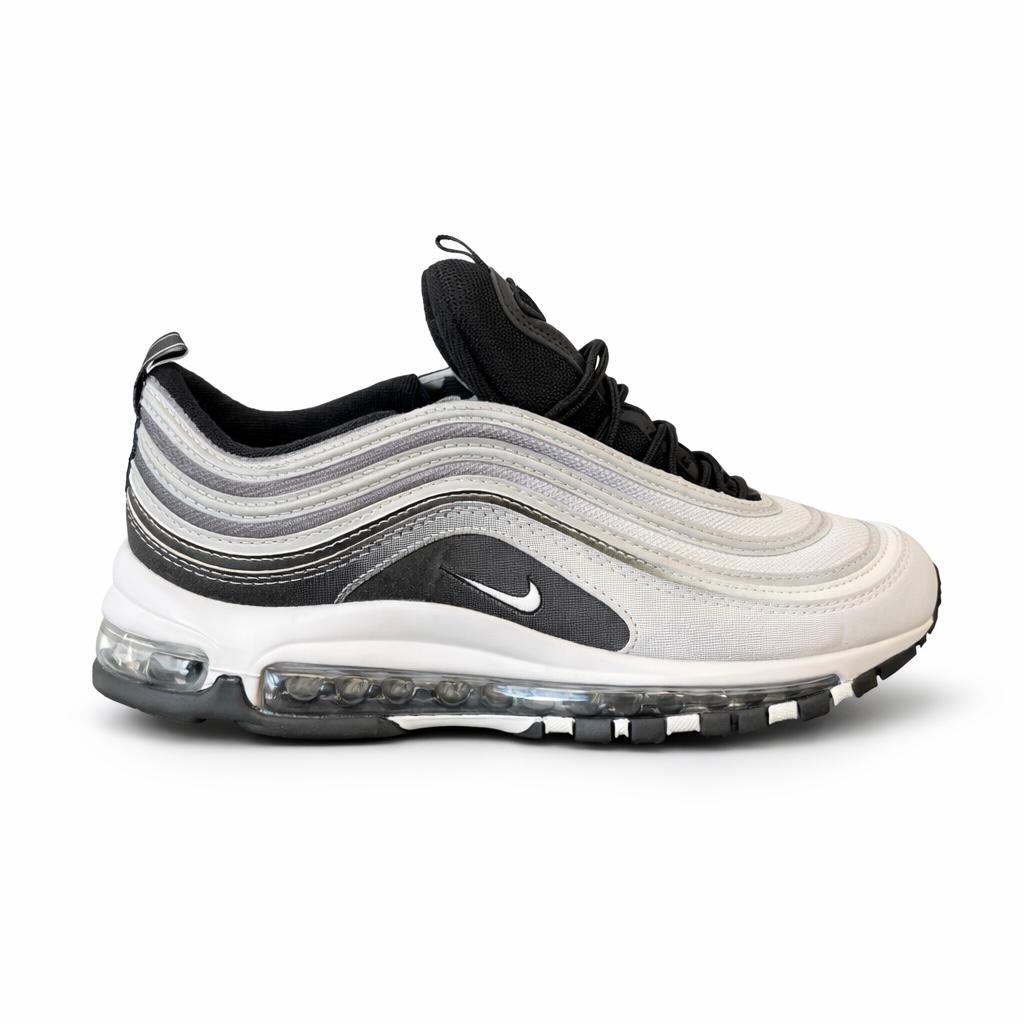 Nike Air Max 97 sneaker in a black and white colorway"Reflective Silver
