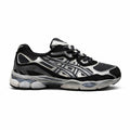 Asics Gel-NYC sneaker in a black, graphite grey, and metallic silver
