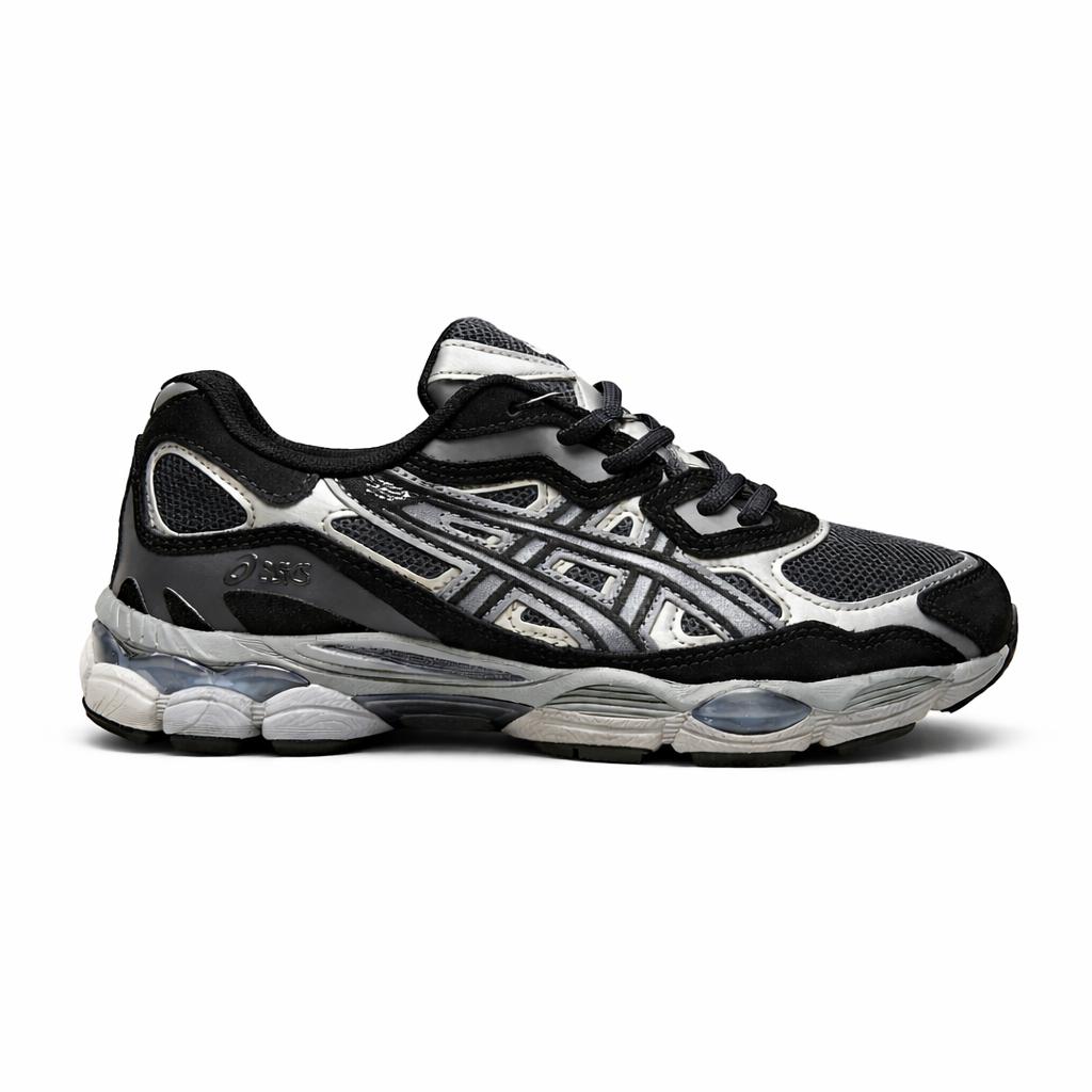 Asics Gel-NYC sneaker in a black, graphite grey, and metallic silver