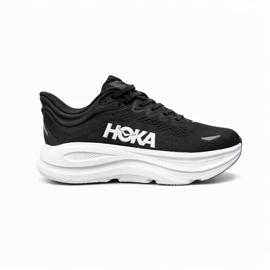 Hoka Bondi 9 running shoes in black and white