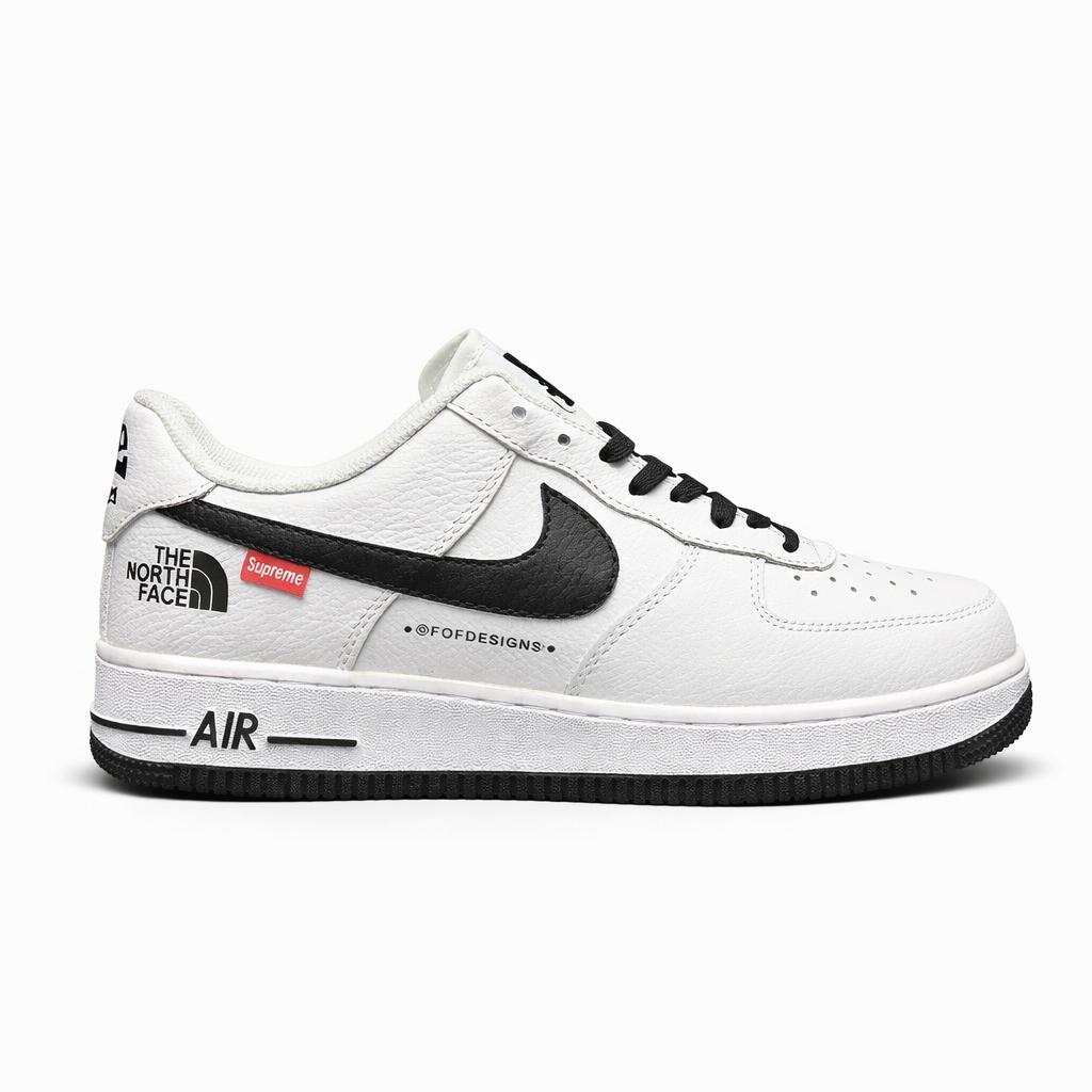Nike Air Force 1 Low x Supreme x The North Face triple collaboration sneaker in a white and black leather colorway.